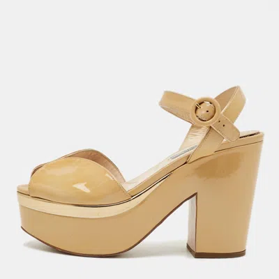 Pre-owned Prada Size 38.5 Beige Patent Leather Ankle Strap Sandals
