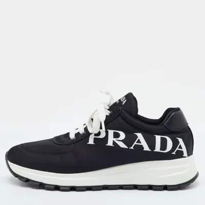 Pre-owned Prada Size 38.5 Black Nylon Logo Low Top Sneakers