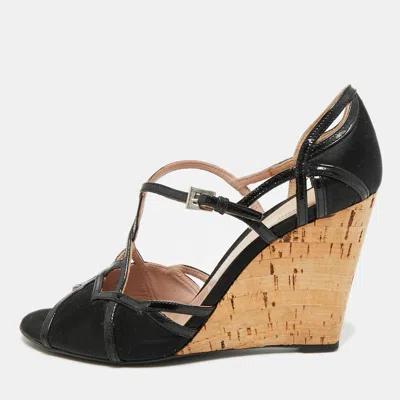Pre-owned Prada Size 38.5 Black Patent Leather And Satin Wedge Sandals