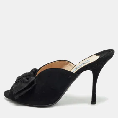 Pre-owned Prada Size 38.5 Black Suede Bow Mules