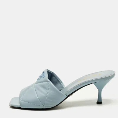 Pre-owned Prada Size 38.5 Blue Quilted Leather Logo Slide Sandals