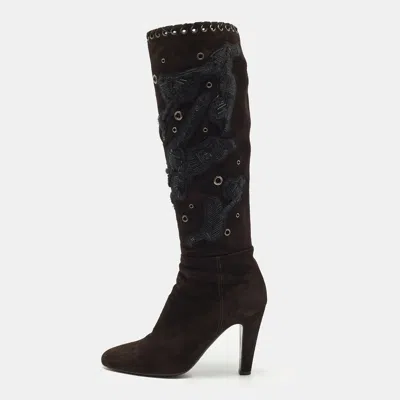 Pre-owned Prada Size 38.5 Brown Suede Knee Length Boots