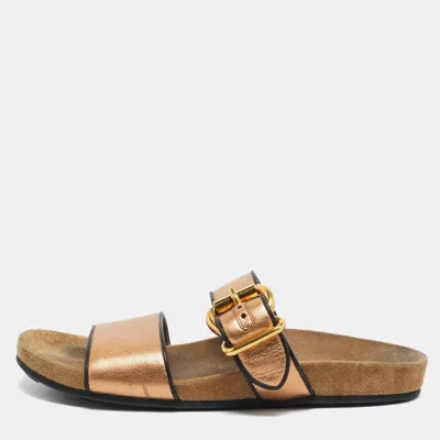 Pre-owned Prada Size 38.5 Gold Leather Buckle Slide Flats