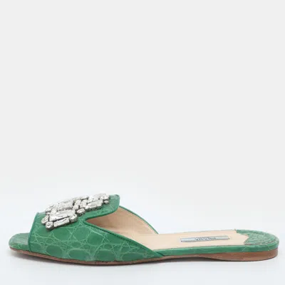 Pre-owned Prada Size 38.5 Green Croc Embossed Leather Crystal Embellished Slide Sandals