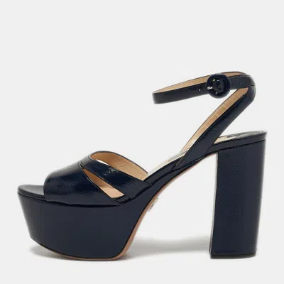 Pre-owned Prada Size 38.5 Navy Blue Patent Leather Platform Ankle Strap Sandals