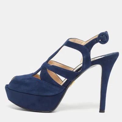 Pre-owned Prada Size 38.5 Navy Blue Suede Platform Ankle Strap Sandals