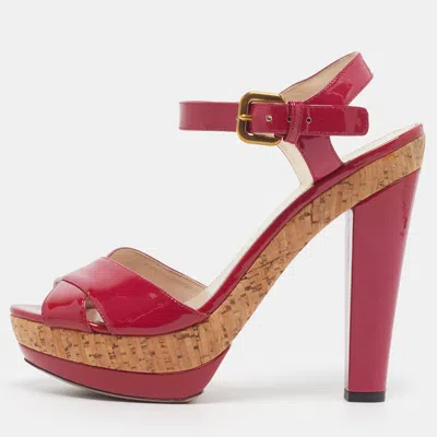 Pre-owned Prada Size 38.5 Pink Patent Leather Cork Platform Ankle Strap Sandals