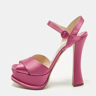 Pre-owned Prada Size 38.5 Pink Satin Crisscross Ankle Strap Sandals
