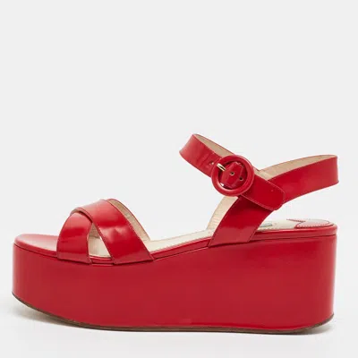 Pre-owned Prada Size 38.5 Red Leather Wedge Ankle Strap Sandals