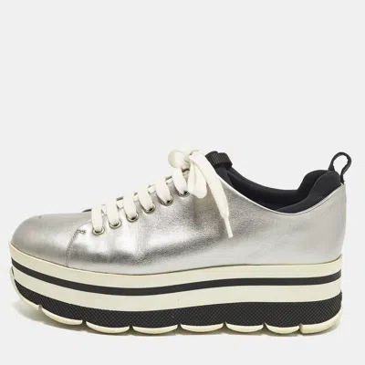 Pre-owned Prada Size 38.5 Silver Leather Platform Lace Up Sneakers