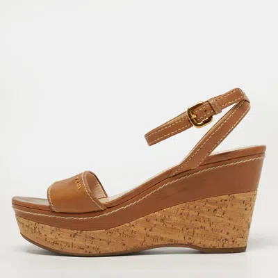 Pre-owned Prada Size 38.5 Tan Leather Wedge Sandals In Brown