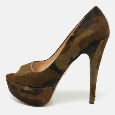 Pre-owned Prada Size 38.5 Two Tone Leopard Print Calf Hair Platform Open Toe Pumps In Brown