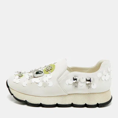 Pre-owned Prada Size 38.5 White Fabric Crystal Embellished Slip On Sneakers