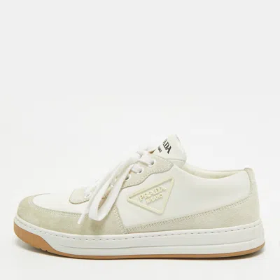 Pre-owned Prada Size 38.5 White/grey Leather And Suede Triangle Logo Lace Up Sneakers