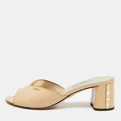 Pre-owned Prada Size 39 Beige Saffiano Patent Leather Crystal Block Heel Slide Sandals