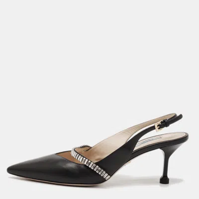 Pre-owned Prada Size 39 Black Leather Crystal Embellished Pointed Toe Slingback Pumps