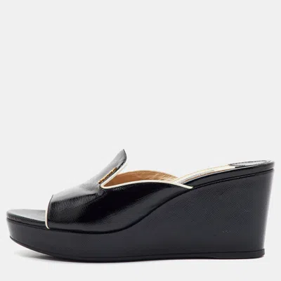Pre-owned Prada Size 39 Black Patent Leather Platform Wedge Slide Sandals