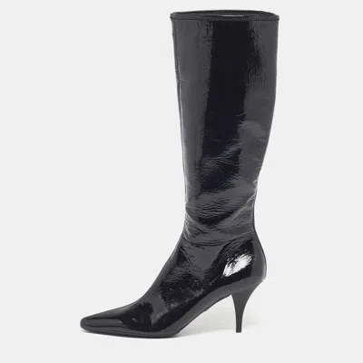 Pre-owned Prada Size 39 Black Patent Leather Pointed Toe Knee Length Boots
