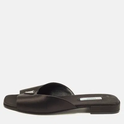 Pre-owned Prada Size 39 Black Satin Logo Flat Slide Sandals
