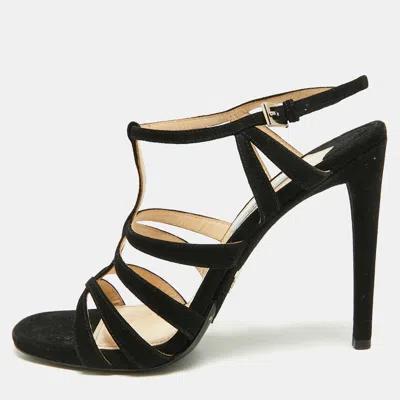 Pre-owned Prada Size 39 Black Suede T Strap Sandals
