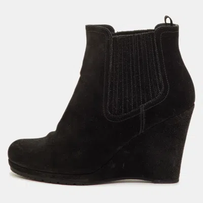 Pre-owned Prada Size 39 Black Suede Wedge Ankle Length Boots