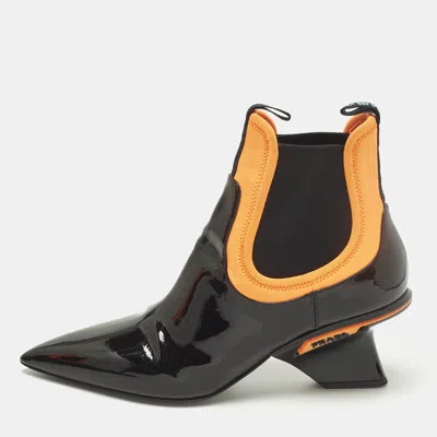 Pre-owned Prada Size 39 Black/orange Neoprene And Patent Leather Pointed Ankle Length Boots