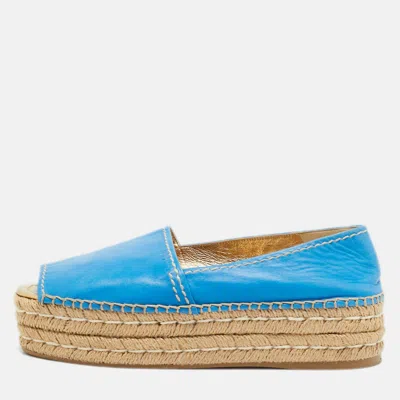 Pre-owned Prada Size 39 Blue Leather Platform Espadrille Flats