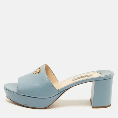 Pre-owned Prada Size 39 Blue Saffiano Leather Slide Sandals
