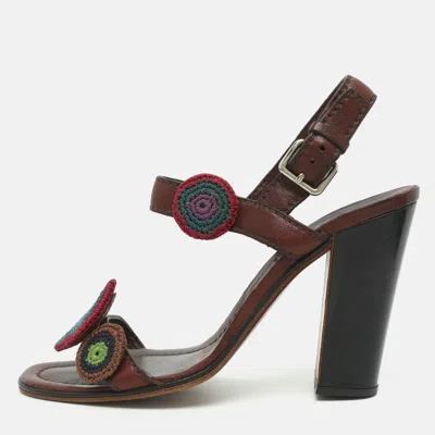 Pre-owned Prada Size 39 Brown Leather Crochet Embellished Ankle Strap Sandals