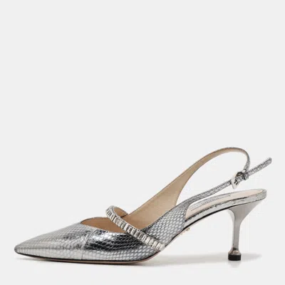 Pre-owned Prada Size 39 Metallic Silver Snakeskin Embossed Leather Crystal Embellished Pointed Toe Slingback Pumps
