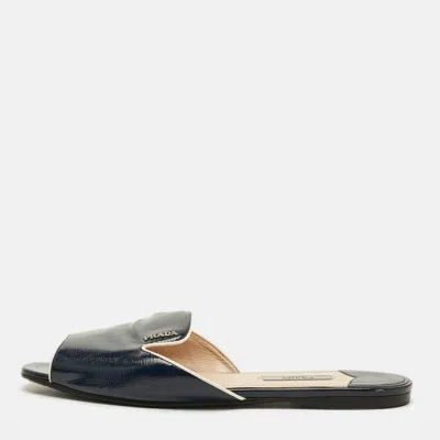 Pre-owned Prada Size 39 Navy Blue Saffiano Leather Flat Slide