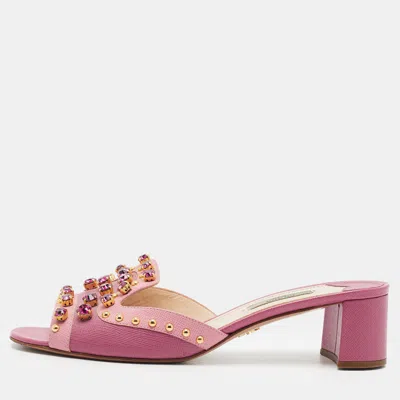 Pre-owned Prada Size 39 Purple/pink Saffiano Leather Crystal Embellished Block Heel Slide Sandals