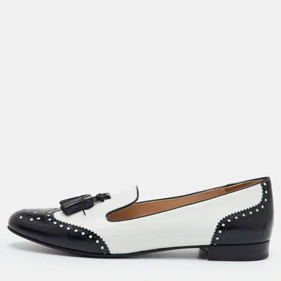 Pre-owned Prada Size 39 White/black Leather Smoking Slippers Flat