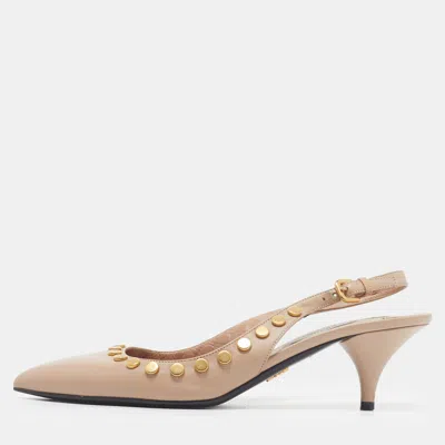 Pre-owned Prada Size 39.5 Beige Leather Studs Embellished Slingback Pumps In Sand