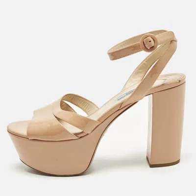 Pre-owned Prada Size 39.5 Beige Patent Leather Platform Block Heel Ankle Strap Sandals