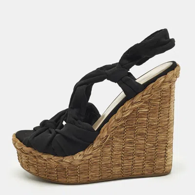 Pre-owned Prada Size 39.5 Black Fabric And Raffia Wedge Sandals