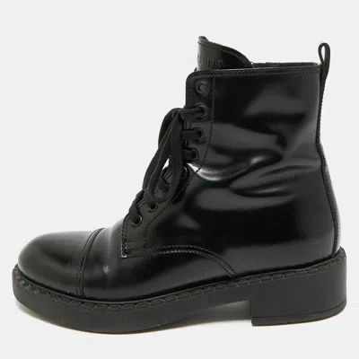 Pre-owned Prada Size 39.5 Black Leather Combat Boots
