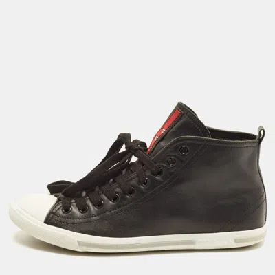 Pre-owned Prada Size 39.5 Black Leather High Lace Up Sneakers