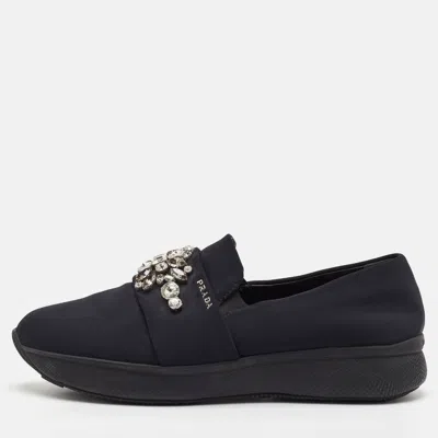 Pre-owned Prada Size 39.5 Black Neoprene Crystal Embellished Slip On Sneakers
