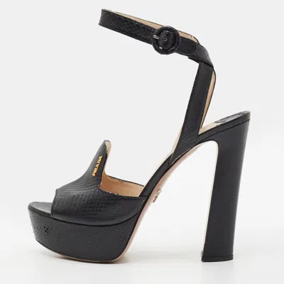 Pre-owned Prada Size 39.5 Black Snakeskin Leather Ankle Strap Sandals