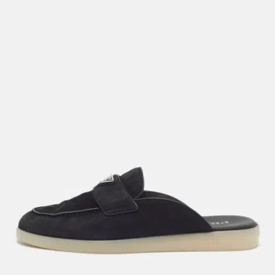 Pre-owned Prada Size 39.5 Black Suede Flat Mules