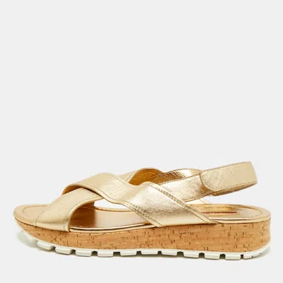 Pre-owned Prada Size 39.5 Gold Leather Slingback Flat Sandals
