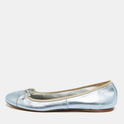 Pre-owned Prada Size 39.5 Metallic Blue Leather Bow Ballet Flats