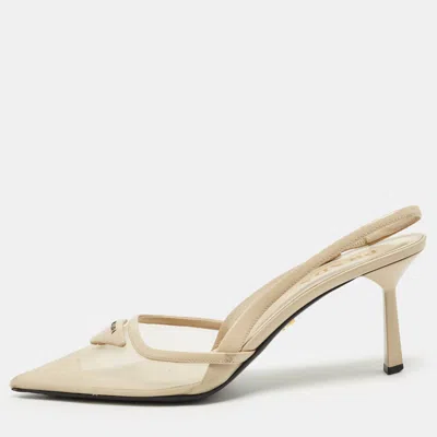 Pre-owned Prada Size 40 Beige Leather And Mesh Triangle Logo Slingback Pumps