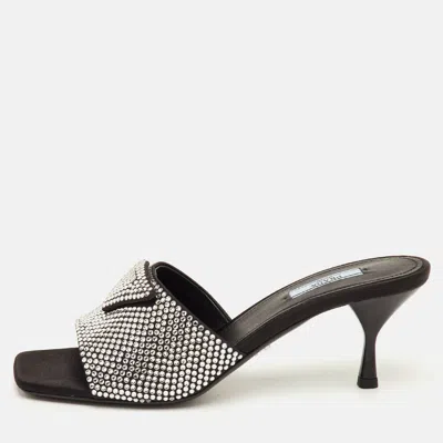 Pre-owned Prada Size 40 Black Satin Crystal Embellished Slide Sandals