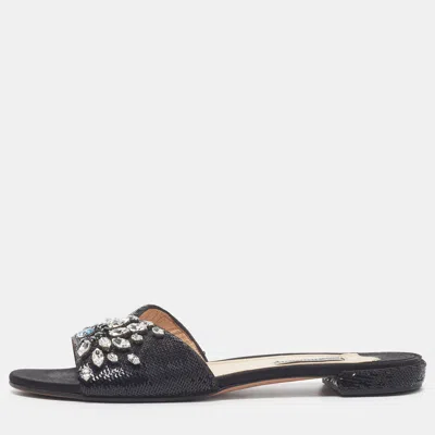 Pre-owned Prada Size 40 Black Sequins Crystal Embellished Flat Slides