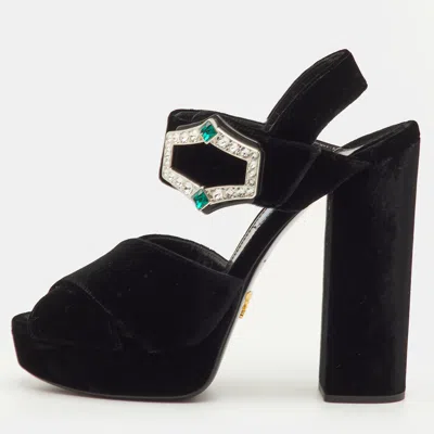 Pre-owned Prada Size 40 Black Velvet Cross Strap Platform Crystal Block Heel Sandals