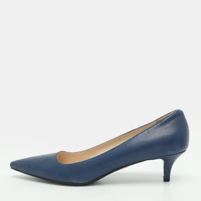 Pre-owned Prada Size 40 Blue Leather Kitten Heel Pumps