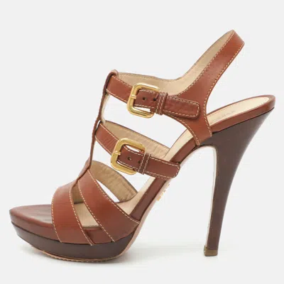 Pre-owned Prada Size 40 Brown Leather Slingback Sandals