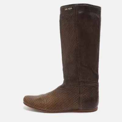 Pre-owned Prada Size 40 Brown Perforated Leather Vintage Mid Calf Boots